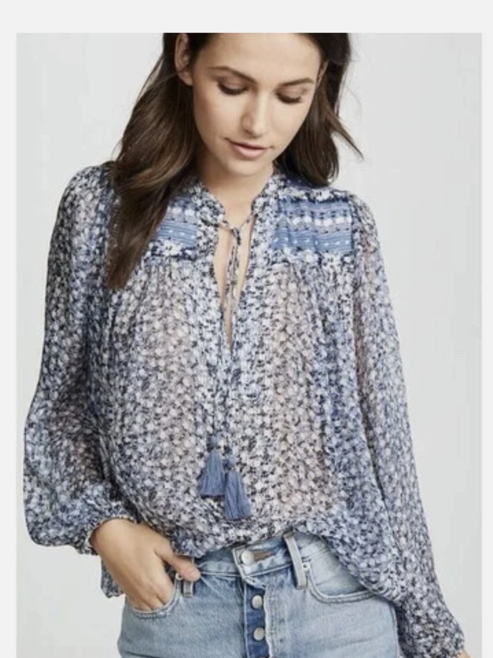 Ulla Johnson Blue Printed Tassel Peasant Top